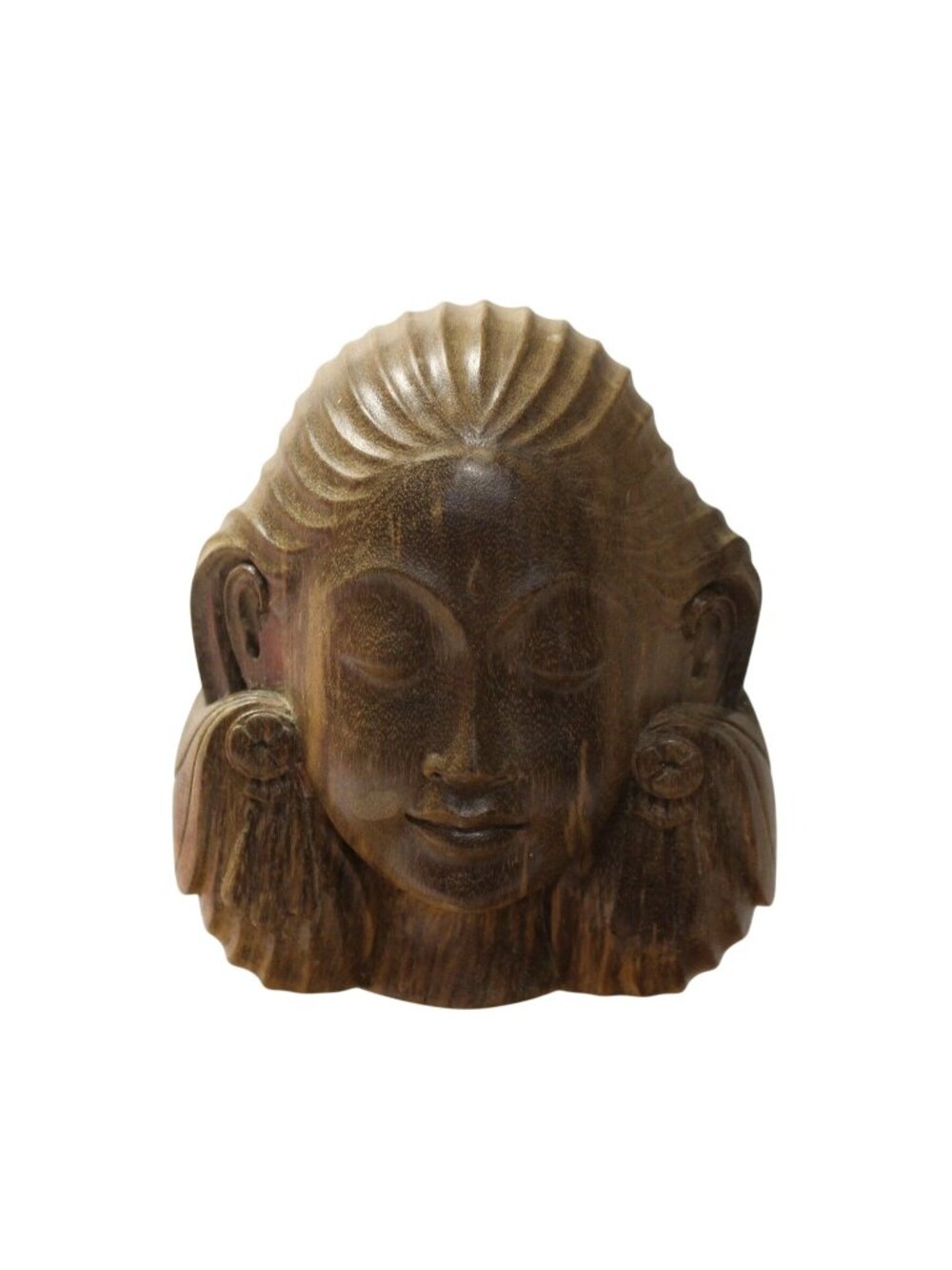 Vtg Signed Balinese Hand Carved Wood Goddess Bust Female Face Sculpture Bali Art